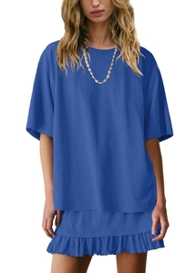 Detail of blue two-piece summer set with round neck t-shirt and ruffled mini skirt