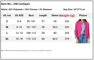 Detailed size chart for women's knit cardigan showing measurements and fabric composition