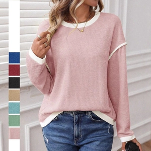 Women's Casual Round Neck Long Sleeve Colorblock Knit Top Loose Waffle Knit Sweater Patchwork T-Shirt Pullover Clothing