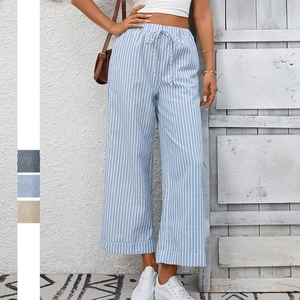Pantaloni a Gamba Larga a Righe a Vita Alta da Donna Casual con Coulisse Lunghezza alla Caviglia Pantaloni in Poliestere