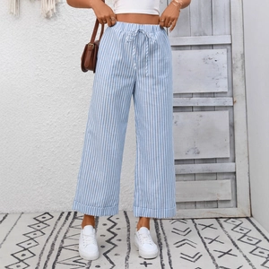 Pantaloni casual da donna a righe verticali blu e bianche con vita alta regolabile