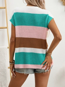 Detail view of the colorful striped knit texture and soft fabric on the back of this summer sweater