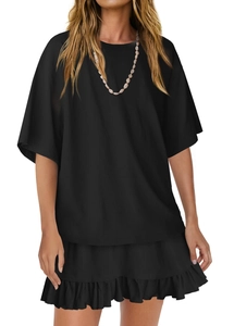 Detail view of black summer set with round neck short sleeve top and ruffle hem skirt