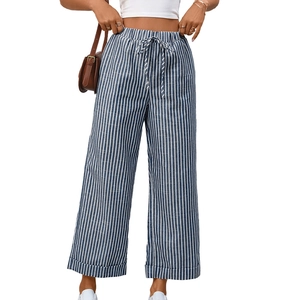 Pantaloni larghi a righe da donna a vita alta con coulisse in vita e orlo con risvolto