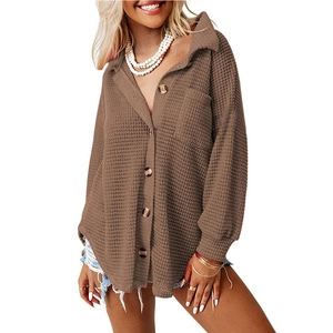 Women's oversized waffle knit brown button-down shirt with long sleeves and lapel collar