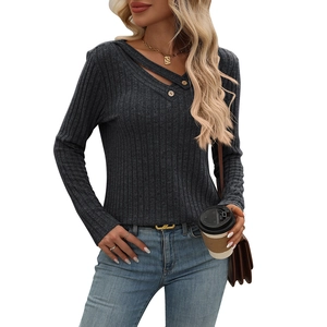 Women's V-neck ribbed knit top in dark grey with button details and long sleeves