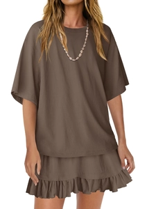 Detail view of a casual brown two-piece set featuring a crewneck top and ruffled mini skirt