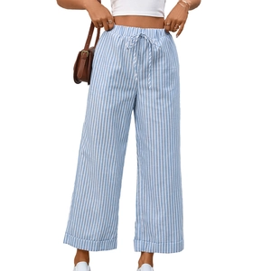 Pantaloni da donna a righe blu a vita alta con gamba larga, coulisse e risvolto