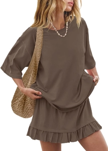 Detail of mocha brown two-piece set featuring short sleeve T-shirt and ruffle hem skirt