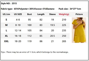 Size chart for women square neck short sleeve dress with measurements and fabric details
