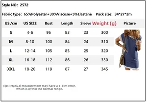 Detailed size chart for women summer dress including bust and length measurements in US sizes