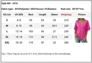 Detailed size chart for V-neck flutter sleeve top with polyester blend fabric parameters