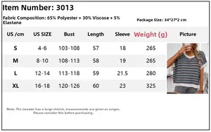 Size chart for women's striped knit top with fabric details and measurements