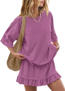 Detail view of purple short-sleeved t-shirt and ruffled hem mini skirt two-piece set