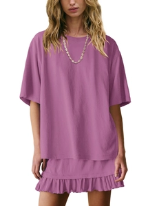 Detail of lavender two-piece set featuring oversized tee and ruffled mini skirt