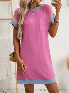 Pink waffle knit dress featuring contrast striped trim on the crew neck and pocket detail