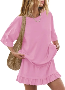 Pink casual knit set featuring an oversized t-shirt and a ruffled hem mini skirt