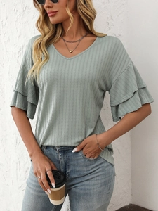 Detail of sage green V-neck ribbed top with double-layered ruffle sleeves for women
