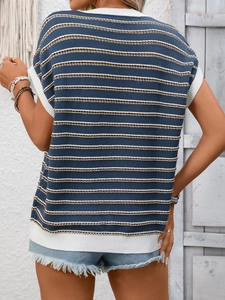 Detailed back view of a blue and white striped knitted vest with white ribbed edges