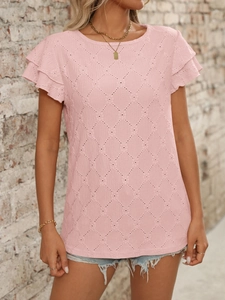 Detail of pink summer top with diamond hollow texture and layered ruffle sleeves