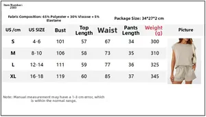 Detailed size chart for women's short sleeve and shorts set with measurement parameters