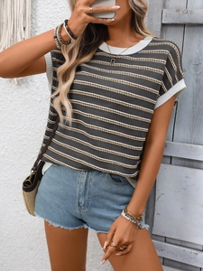 Detail of grey striped knit top with white ribbed edges and casual summer style