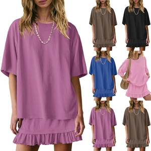 Women's Casual Summer Top And Bottom Set Solid Color Ruffle Hem Short Sleeve T-Shirt And Mini Skirt Loungewear Outfit