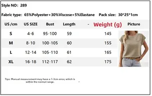 Size chart detail for women's striped knit short sleeve top with fabric specifications