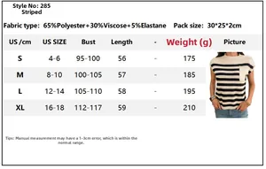 Size chart for casual striped short sleeve sweater with fabric and measurement details