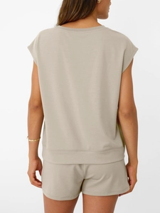 Detail view of the back of a khaki casual knit set with sleeveless top and shorts