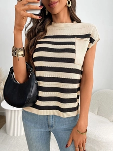 Detail of summer striped knit top with round neck and square chest pocket in beige and black