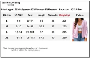 Size chart showing US dimensions for women's V-neck long sleeve knit cardigan