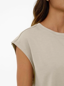 Detailed close-up of the ribbed crew neck and soft knit fabric texture of the beige set