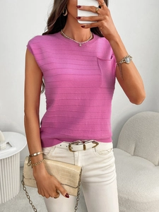 Detail of rose pink sleeveless knit top with horizontal stripe texture and chest pocket
