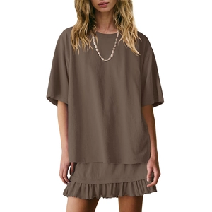 Women's two-piece casual brown set with round neck short sleeve T-shirt and ruffled skirt