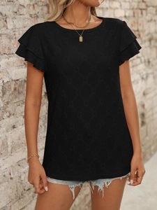 Close-up of black round neck T-shirt featuring tiered ruffle sleeves and hollow texture