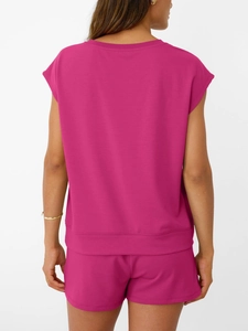 Back view of magenta knit lounge set featuring round neck sleeveless top and matching shorts