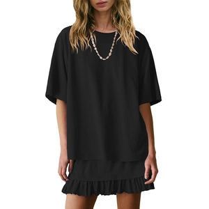 Women's 2-piece black summer set with round neck short sleeve T-shirt and ruffled mini skirt