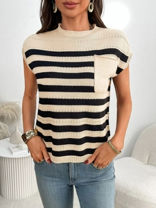 Detail of crewneck sleeveless striped knit sweater with decorative front pocket
