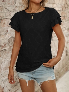 Detail of black round neck top featuring hollow diamond knit texture and ruffle sleeves