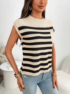 Detail of striped knit vest with crew neck, ribbed edges and a decorative chest pocket