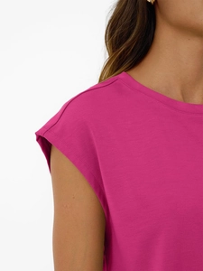 Close-up of magenta crew neck short sleeve top featuring fine cotton fabric and ribbed neckline