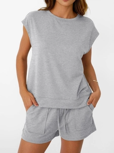 Detail view of heather grey fabric texture on the casual summer two-piece short set