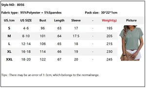Size chart showing S-XXL dimensions for women's V-neck chain jacquard short sleeve top