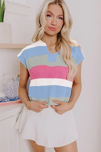 Detail of colorful striped short sleeve knit sweater with V-neckline in casual style