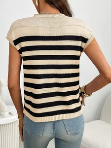 Rear view of women striped short sleeve knit top with crew neck and casual texture