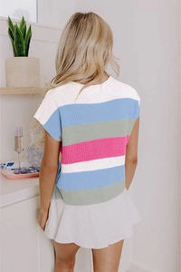 Rear view of women's short sleeve knit top with vibrant colorful horizontal stripes