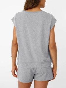 Rear view detail of minimalist grey knit two-piece set featuring sleeveless top and shorts