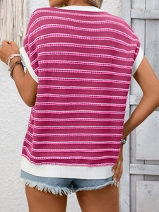 Close-up back view of a pink and white striped knit tank top with ribbed hem detail