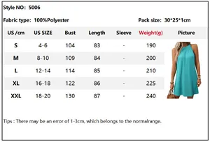 Detailed size chart for the sleeveless halter dress including bust and length measurements